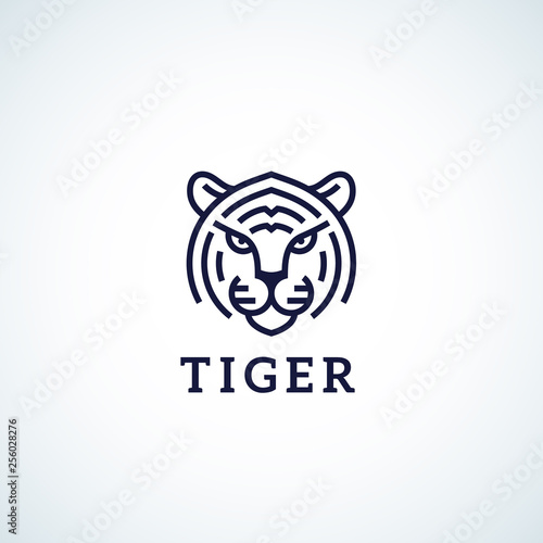 Fototapeta Naklejka Na Ścianę i Meble -  Line Style Tiger Face Abstract Vector Icon, Symbol or Logo Template. Wild Animal Head Sillhouette with Typography. Creative Predator Emblem.