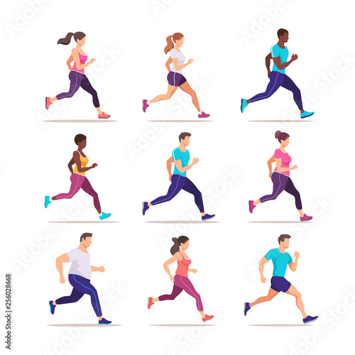 Set of people jogging. Runners group in motion. Training to marathon. Trendy style vector illustration.