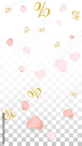 Vector Percentage Sign and Hearts Confetti on Transparent Background. Percent Sale Background. Business, Economics, Finance Print. Discount Illustration. Promotion poster.