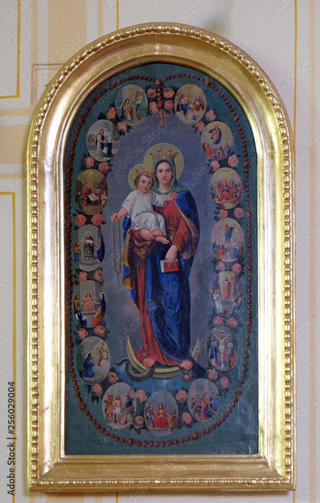 Virgin Mary Queen of the Holy Rosary altarpiece in parish church of the Holy Trinity in Krasic, Croatia 
