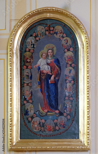 Virgin Mary Queen of the Holy Rosary altarpiece in parish church of the Holy Trinity in Krasic, Croatia 