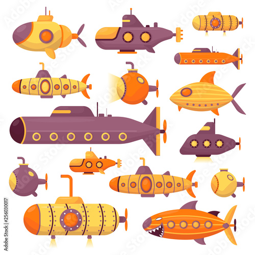 Set of submarine vector sea pigboat or marine sailboat underwater and ship transport in deep ocean illustration nautical of shipping boat with periscop undersea transportation isolated on background