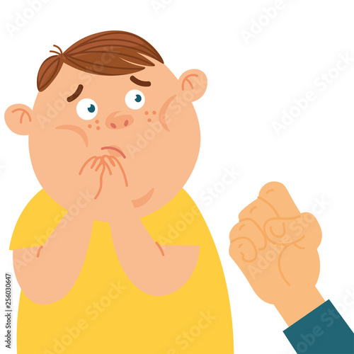 Physical bullying concept. Vector illustration about child abuse, harassment fat and body shaming, racism at school.