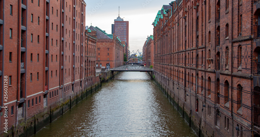 Canal view during daytime of Speicherstadt Hamburg in Germany
