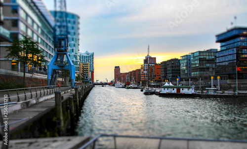 Miniature view of Hafencity wih water and cranes in Hamburg Germany