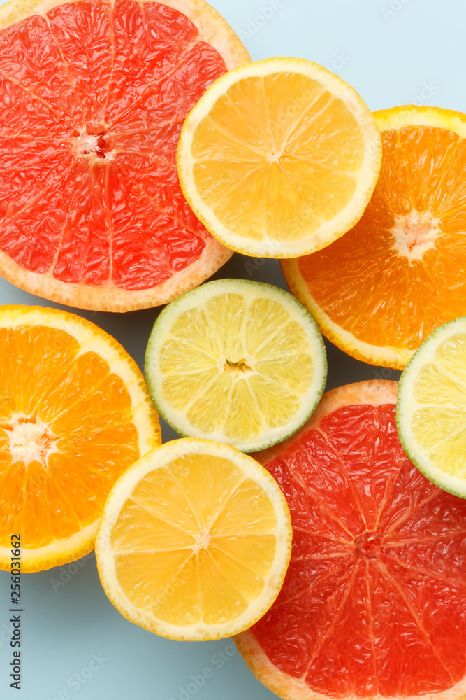 Closeup of sliced citrus fruits colorful background Closeup of sliced citrus fruits colorful background