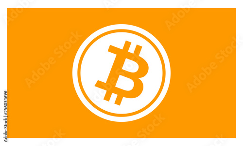 Simple orange bitcoin flag. Tilted BTC symbol in circle.