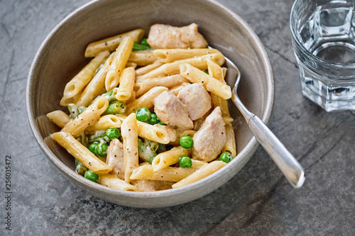 Georgeous chicken penne pasta with green peas