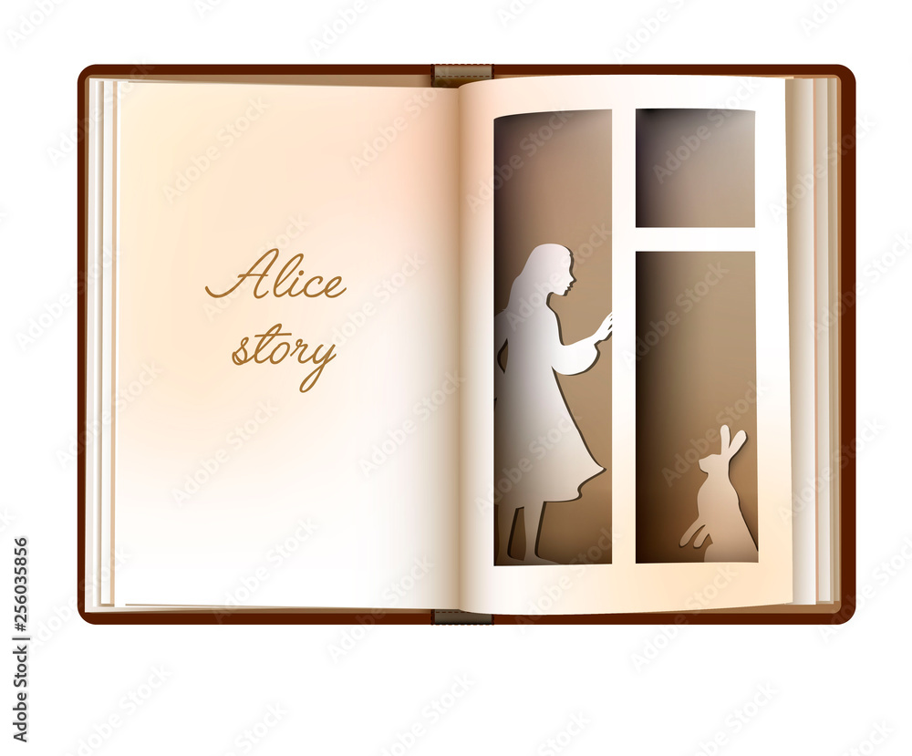 Alice story idea, reading and imagination concept, vintage empty book page  looks like window with girl silhouette and rabbit, Stock Vector