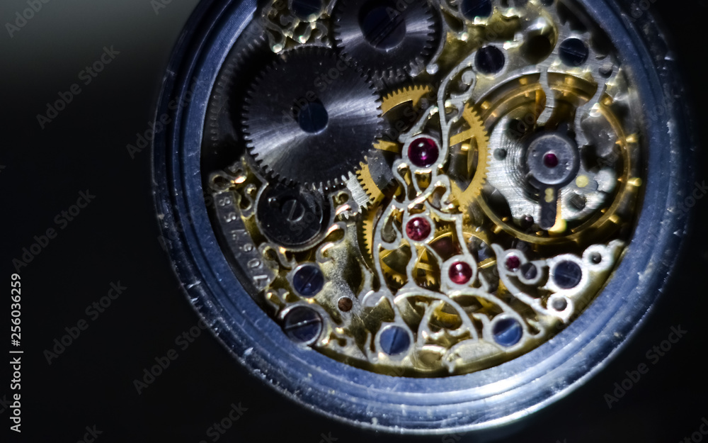 Skeleton hours. Antique antique clockwork, jewelry engraving. mechanical pocket watch close-up, selective focus.