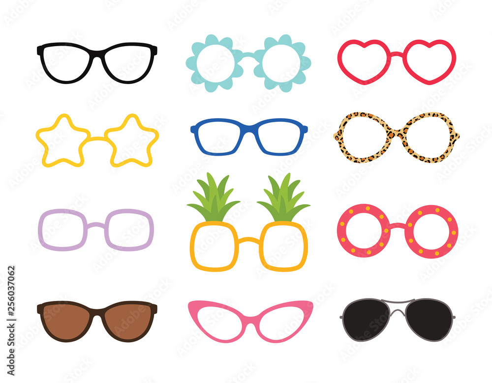 Set of real colorful style cute glasses. Party sunglasses icon set in flat  style. Design templates. Stock Vector | Adobe Stock