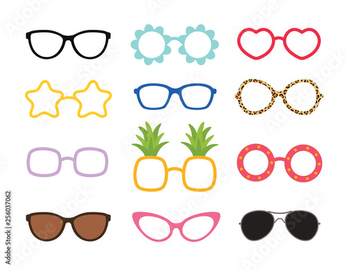 Set of real colorful style cute glasses. Party sunglasses icon set in flat style. Design templates.