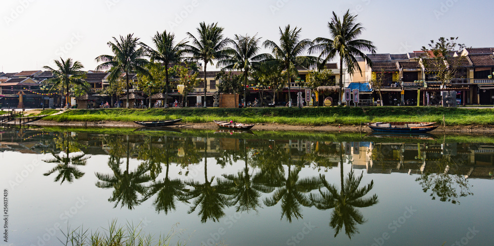 Palm trees along river in old Hoi An reflected in water 