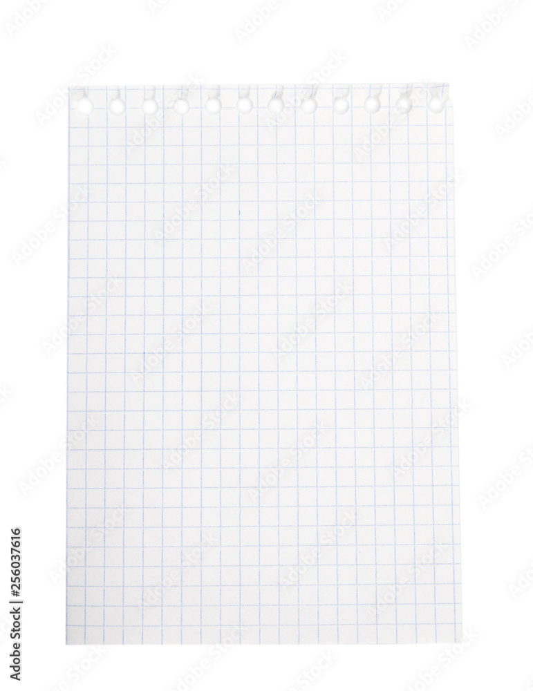 One blank paper sheet of a notebook (squared), isolated on white background One blank paper sheet of a notebook (squared), isolated on white background