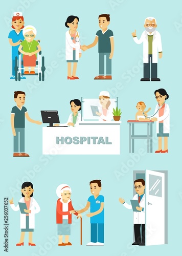 Set of doctors and patients in different situation. Medical staff and illness people in hospital. Consultation, medical diagnosis and treatment. Vector illustration in flat style isolated on blue