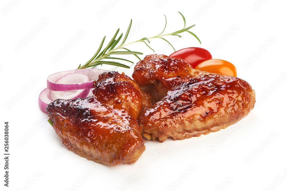 Spicy Roasted chicken wings with barbecue sauce, american food, close-up, isolated on white background