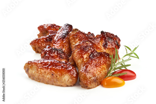 Buffalo chicken wings with barbecue sauce, american food, close-up, isolated on white background