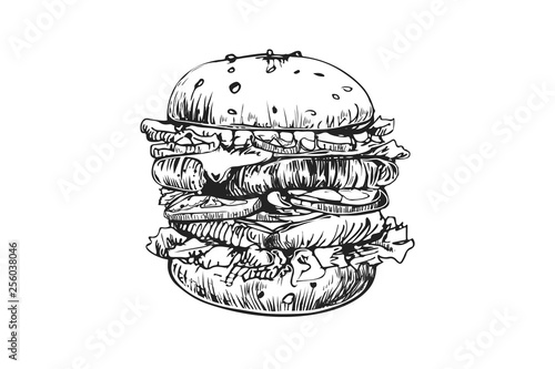 Hamburger vector logo design template. Fast food or restaurant icon. Hand drawn illustration of hamburger burger sandwich sketch style.