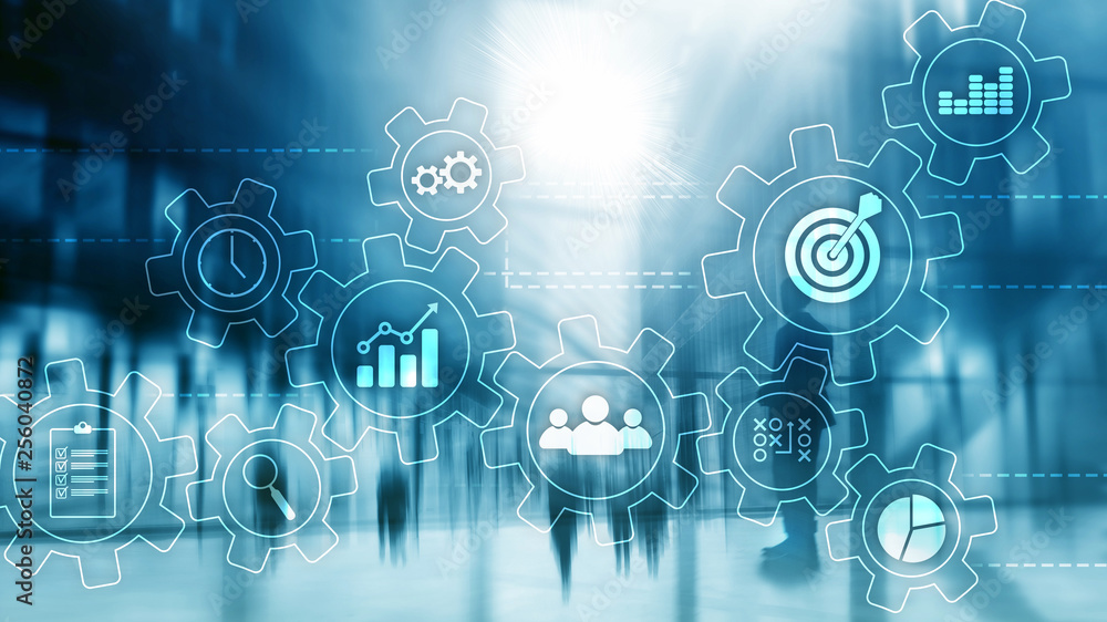 Business process automation concept. Gears and icons on abstract background. Blue abstract - obrazy, fototapety, plakaty 