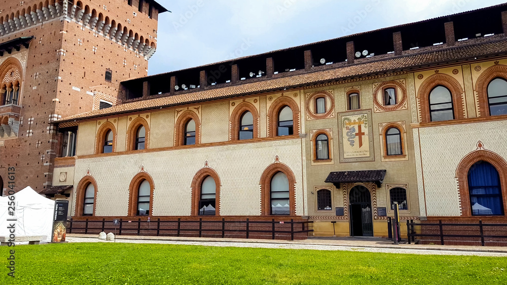 Medieval Sforza castle Milan in old town, sightseeing attraction, tourism