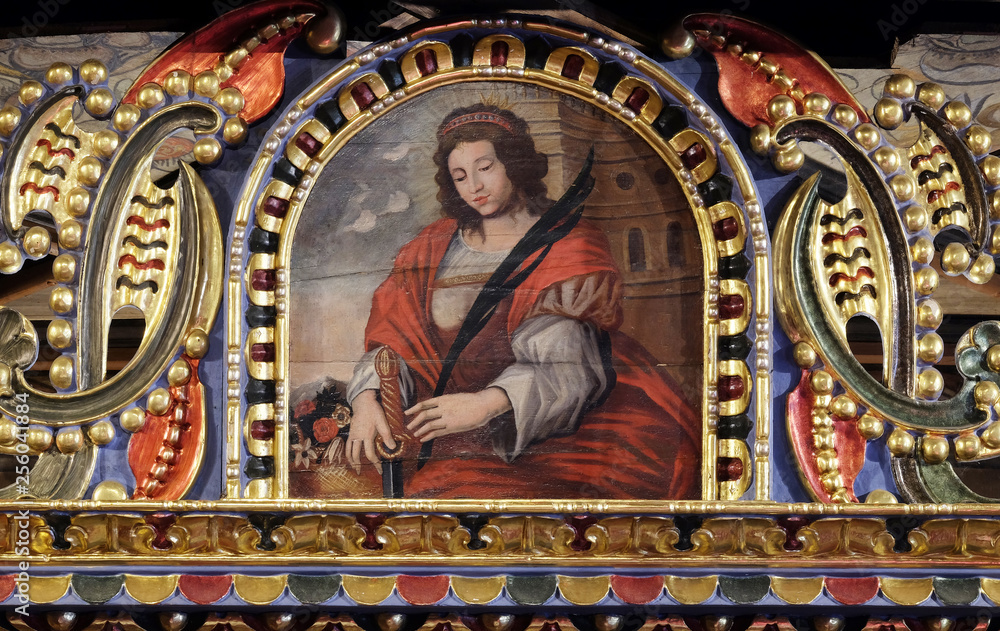 Obraz premium St. Barbara, a virgin and a martyr, a protector of miners and a good death, altarpiece in the Church of the Saint Barbara in Velika Mlaka, Croatia