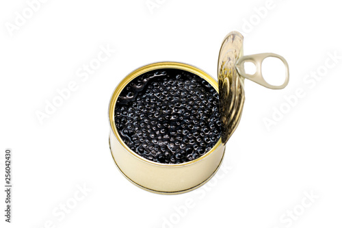 Black caviar of sturgeon in a jar on a white isolated background