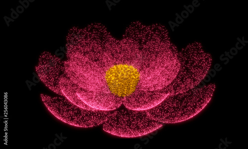 Glowing pink lotus on black background 3D illustration