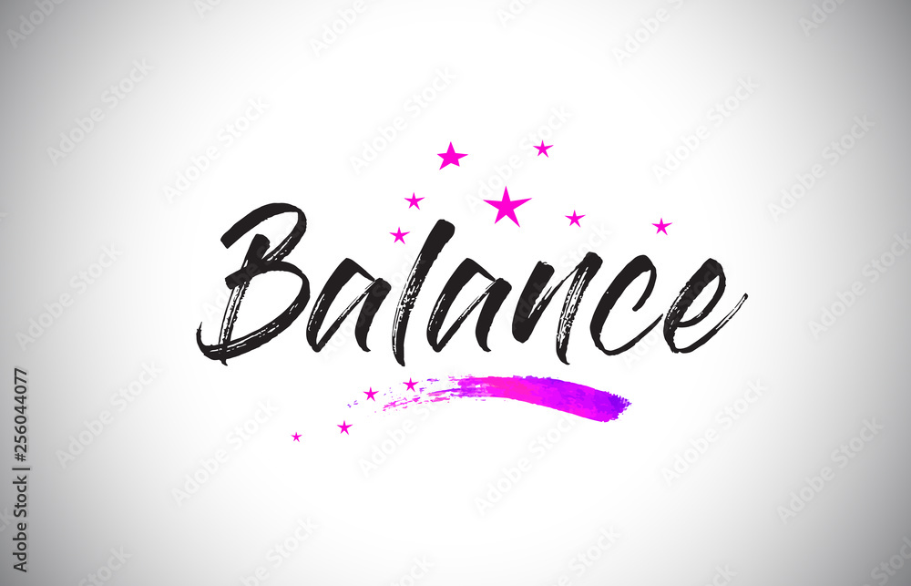 Balance Handwritten Word Font with Vibrant Violet Purple Stars and Confetti Vector.