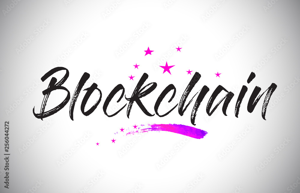 Blockchain Handwritten Word Font with Vibrant Violet Purple Stars and Confetti Vector.