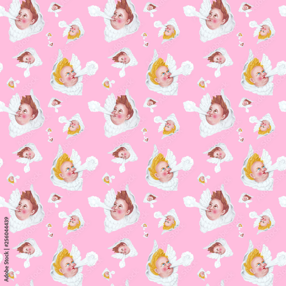 Geschenkpapier, Tapete, Hintergrund, Vorlage nahtloses Muster, seamless pattern Weihnachten, Engel pusten, Hintergrund rosa, Illustration von Kathrin Schwertner Geschenkpapier, Tapete, Hintergrund, Vorlage nahtloses Muster, seamless pattern Weihnachten, Engel pusten, Hintergrund rosa, Illustration von Kathrin Schwertner