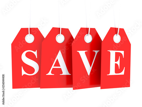 Save word text on red glossy hanging etiquette - save money, buy cheap