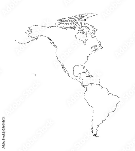 Vector illustration with map of North and South America continent. Black line silhouettes, white background. 