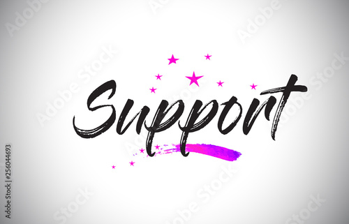 Support Handwritten Word Font with Vibrant Violet Purple Stars and Confetti Vector.