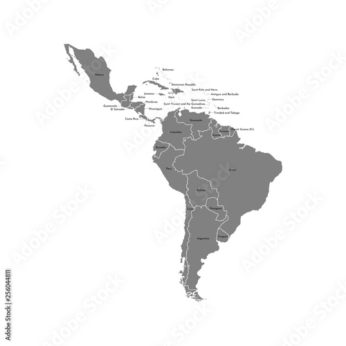 Vector illustration with map of South America continent and part of Central America. Grey silhouettes  white grey background. Text with names of independent states