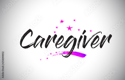 Caregiver Handwritten Word Font with Vibrant Violet Purple Stars and Confetti Vector.