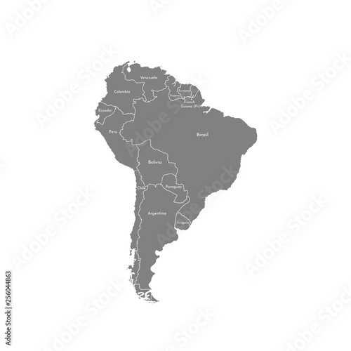 Vector illustration with map of South America continent. Grey silhouettes  white background. Text with names of independent states