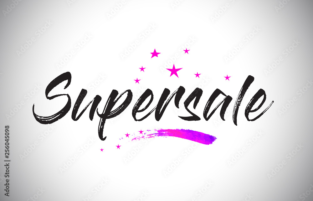 Supersale  Handwritten Word Font with Vibrant Violet Purple Stars and Confetti Vector.