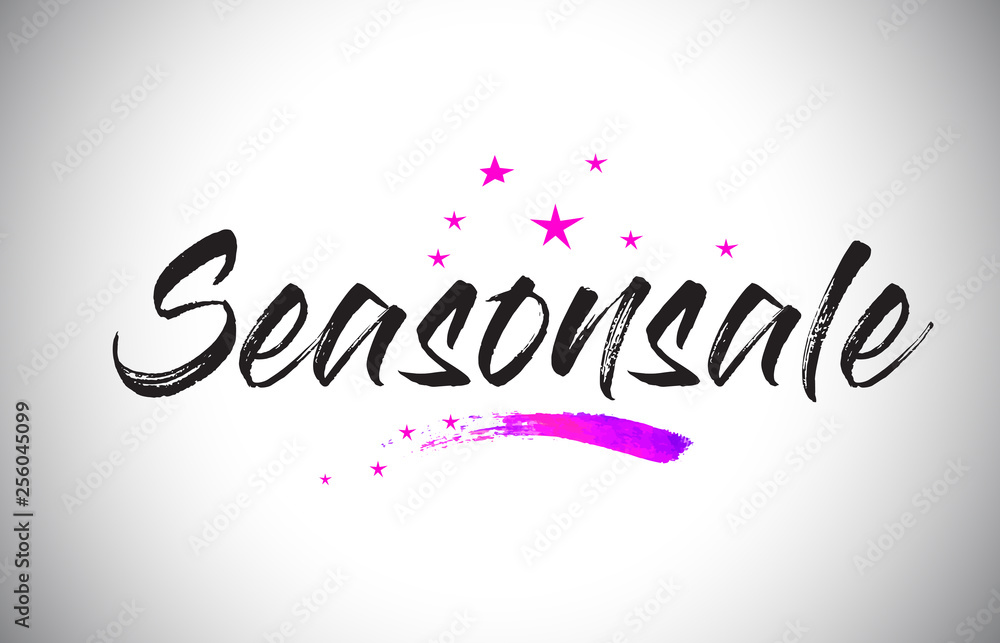 Seasonsale Handwritten Word Font with Vibrant Violet Purple Stars and Confetti Vector.