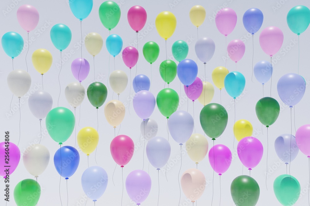 many colorful balloons ascending 3d rendering front view
