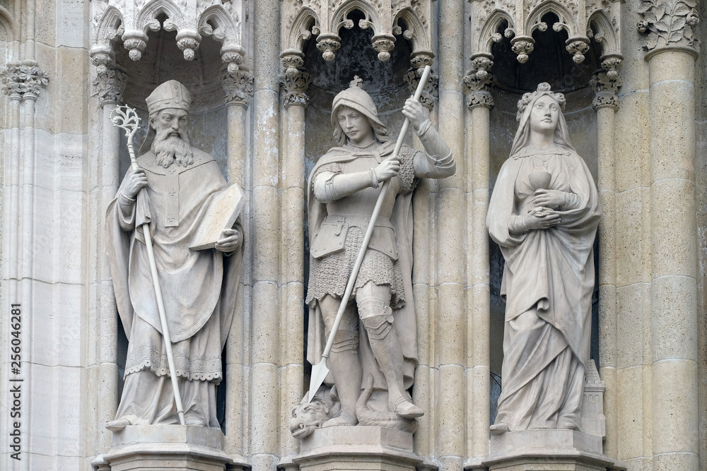 Statue of Saints Methodius, George and Barbara on the portal of the Zagreb cathedral 