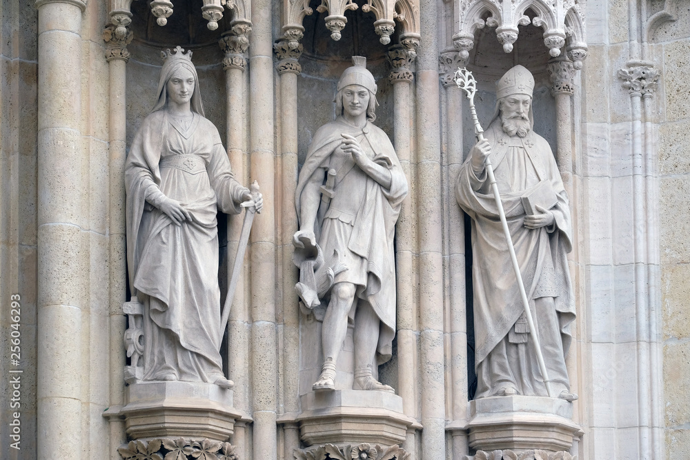 Statue of Saints Catherine, Florian and Cyril on the portal of the Zagreb cathedral 