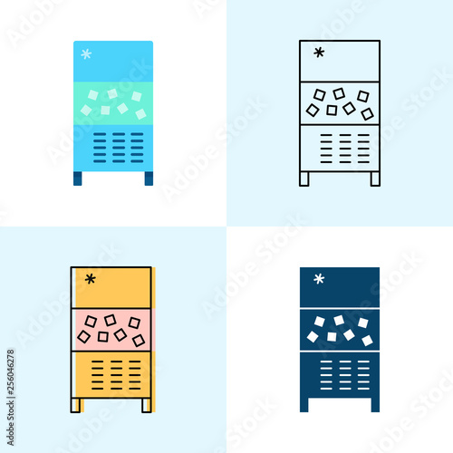 Ice maker machine icon set in flat and line styles