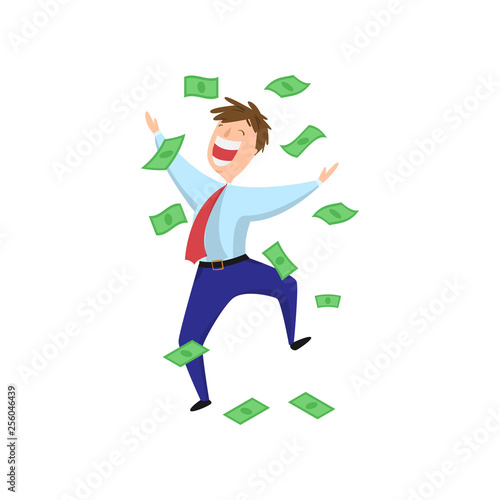 Delighted, excited, happy businessman jumping in the money rain