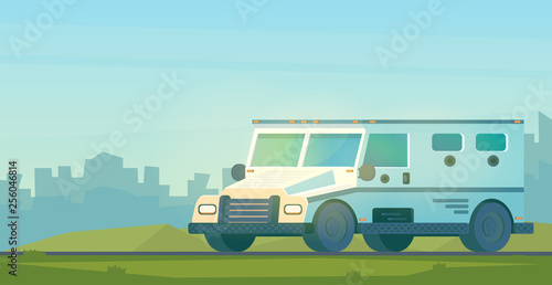 Bank armored truck on road . Cash collector truck.