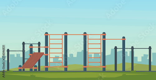 Summer street workout park for fitness and strength training. City sport place. Element and equipment for urban outdoor training.