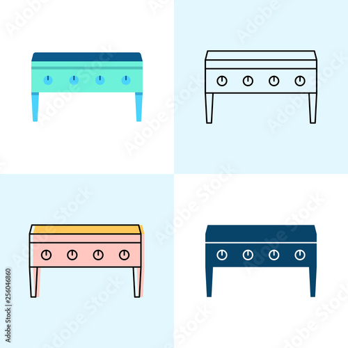 Flat top grill icon set in flat and line styles