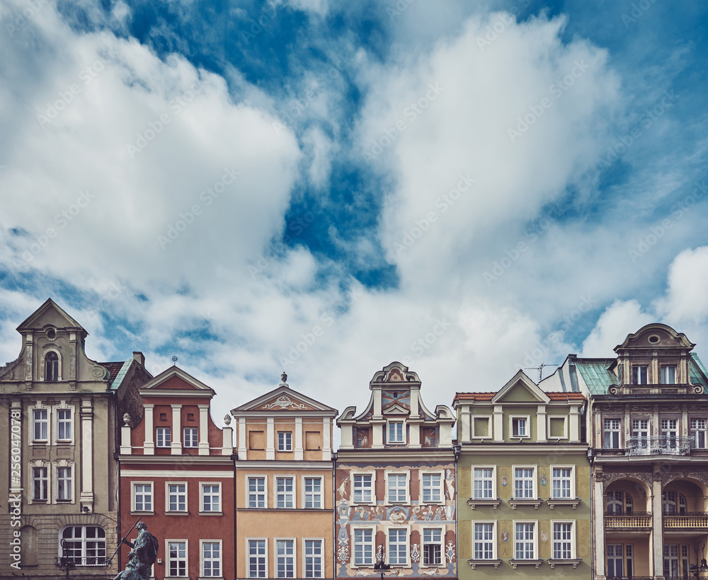 Retro toned picture of Poznan Old Town houses, Poland.