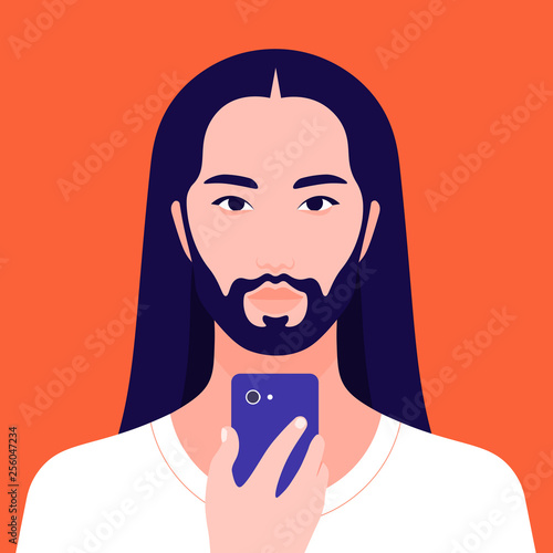 The Japanese's portrait with a beard and long hair. Avatar of the Asian man. Vector флэт illustration