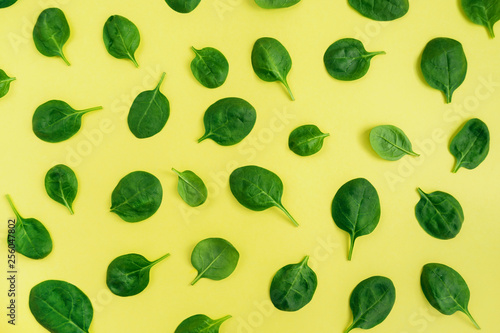 Green fresh vegetarian salad leaves on yellow background. Top view.