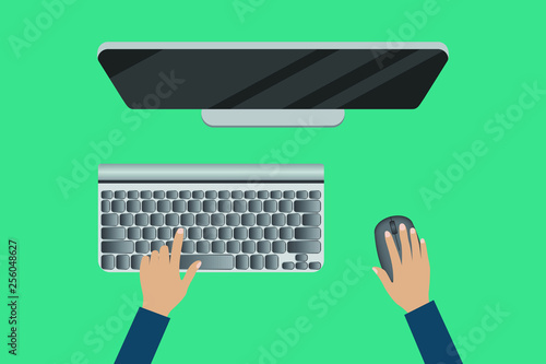 PC top view vector illustration. User hands. Modern computer with mouse and keyboard.